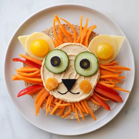 Colorful King of the Jungle Lion Lunch Board, filled with vegetables, fruit, and cheese, ready to eat.