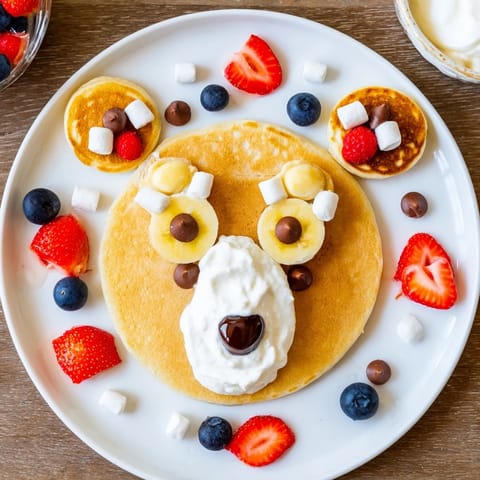 A colorful Polar Bear Pancake Stack Board with fresh fruit, hazelnut spread, and golden pancakes.