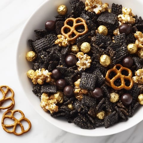 The delicious Gold and Black Midnight Snack Mix with a hint of dark chocolate, crunchy and festive.