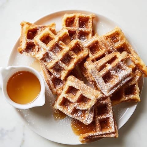 Crispy waffle quarters beside a small bowl of warm maple syrup—a delicious breakfast treat.