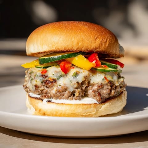 Grilled Fire & Ice Burger on a toasted bun, with vibrant red pepper and cooling dill yogurt.