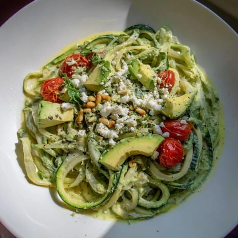 Green Goddess Zoodle Pasta with fresh tomatoes and avocado, a light and flavorful low-carb meal.