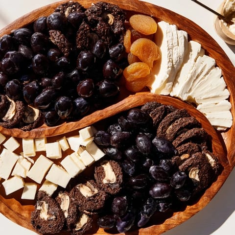 Savor the visually stunning Yin and Yang Balance Board, featuring crackers and fruity pairings for a treat.