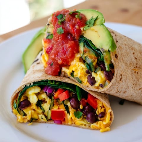 A close-up shot of a warm, filling veggie-loaded breakfast burrito with visible colorful vegetables.