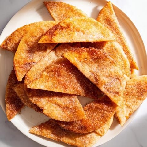 Warm cinnamon sugar tortilla chips, arranged on a plate—imagine the sweet, crunchy texture.