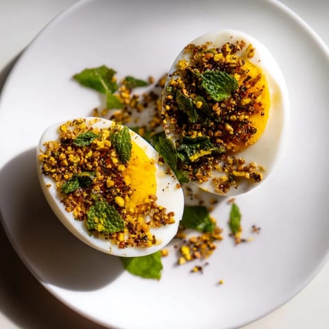 Picture the vibrant flavors of these Dukkah-Spiced Eggs, a Middle Eastern brunch favorite, ready to enjoy.