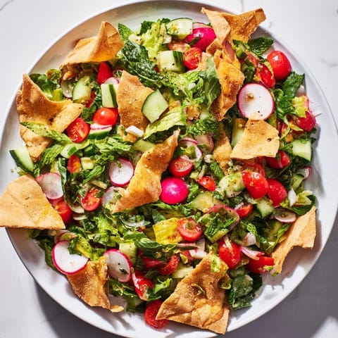Fresh Fattoush Crunch Salad with a bright sumac dressing, perfect for sharing at lunch.
