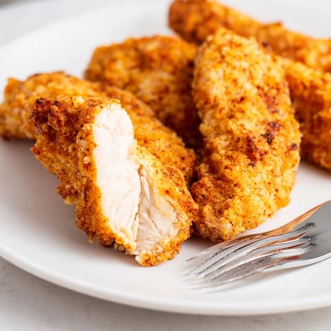Golden-brown crispy fried chicken tenders resting on a paper towel, with a side of honey mustard dipping sauce.