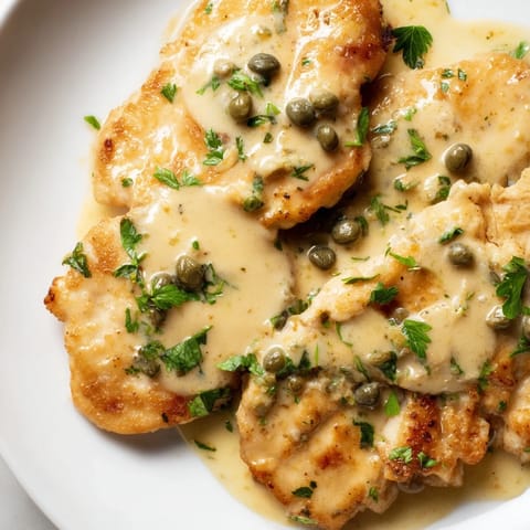 Golden-brown pan-fried chicken breasts simmered in a creamy lemon caper sauce, served over pasta.