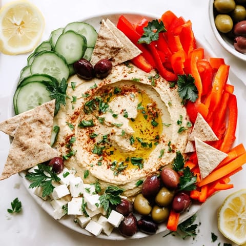 A vibrant Middle Eastern Mezze Platter with creamy hummus, fresh vegetables, feta, olives, and warm pita wedges, perfect for sharing.  