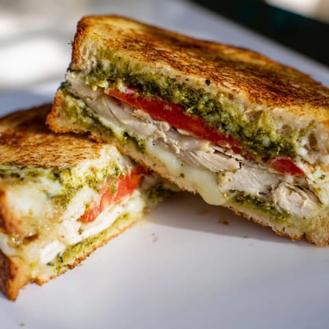 A close-up view of the golden-brown crust on a Mozzarella Pesto Chicken Grilled Cheese, served on a rustic cutting board.