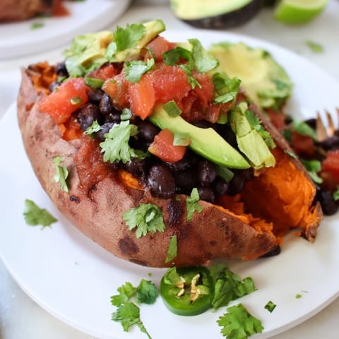 A wholesome vegetarian meal features tender roasted sweet potatoes, spicy chipotle black beans, and bright zesty tomato salsa on a rustic plate.