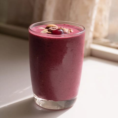 A vibrant red cherry almond smoothie topped with a fresh banana slice, blending tart cherry and almond butter flavors.  