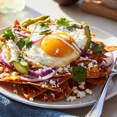 Crispy corn tortilla chips smothered in vibrant salsa verde, topped with a runny fried egg and fresh cilantro for a classic Mexican breakfast.