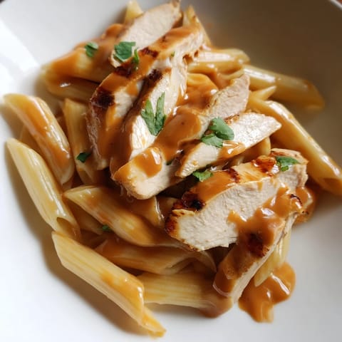 A close-up of honey chipotle chicken pasta featuring golden-brown chicken pieces coated in a glossy, spicy-sweet sauce.  