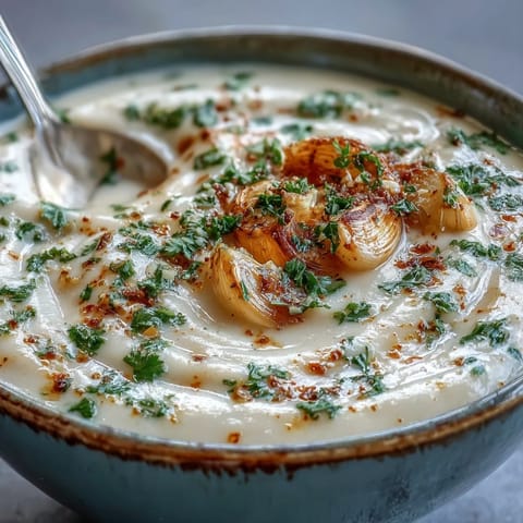 Golden roasted garlic cloves rest in a steaming bowl of velvety soup, paired with a slice of crusty toasted bread.