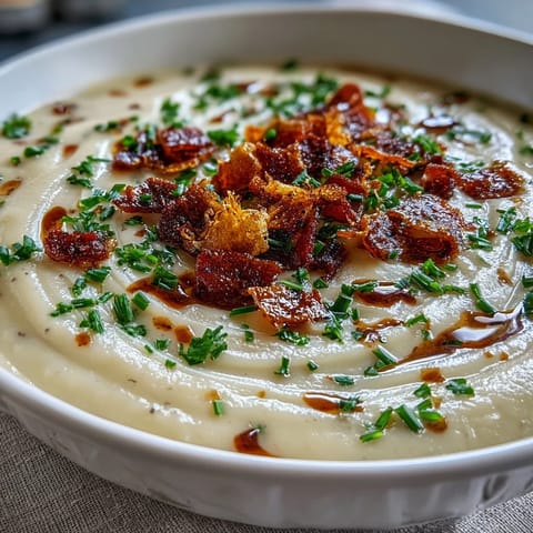 A close-up of golden, crispy bacon resting on velvety Creamy Celeriac Soup with Crispy Bacon. 