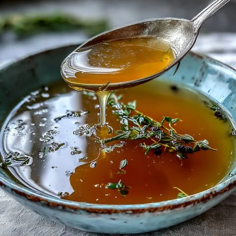 Homemade Vegetable Broth From Scraps simmering in a pot with bay leaf and peppercorns visible.