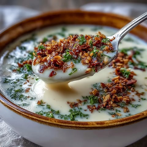 Crispy hazelnut crumble topping on a bowl of velvety celeriac soup with parsley.