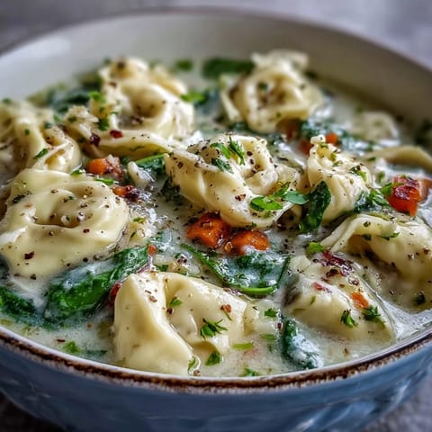 A bowl of Easy Tortellini Soup with Chicken Broth features spinach and rich broth beside crusty bread.