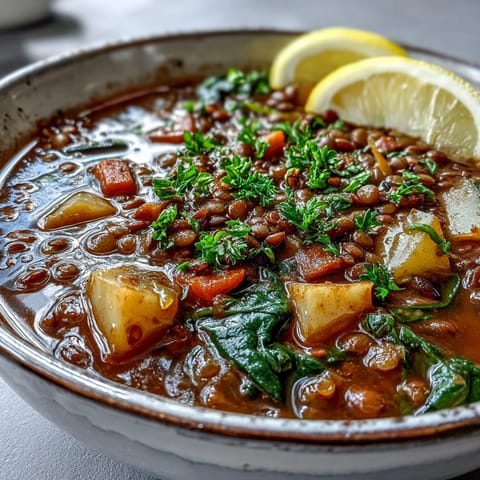 A warm bowl of Vegetarian Lentil Stew topped with fresh parsley and lemon, a hearty plant-based meal.
