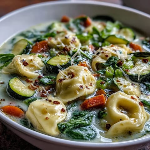 Creamy Vegetable Tortellini Soup ladled into a white bowl, featuring tender cheese tortellini, vibrant carrots, zucchini, and wilted spinach in a rich broth.