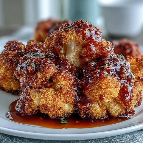 A serving of Crunchy Baked Hot Honey Cauliflower pairs with creamy dip and fresh herbs for a savory snack.
