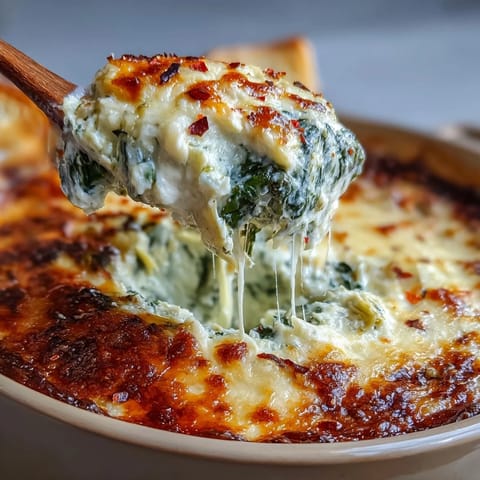 Creamy Spinach Artichoke Dip in a ceramic dish, garnished with fresh herbs and a toasted top.