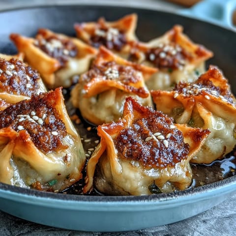 Close-up of Smash Dumplings on a platter, garnished with scallions and a side of dipping sauce.
