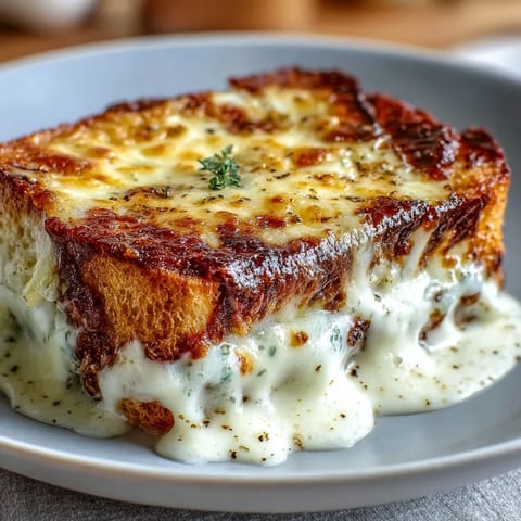Golden, puffed Croque Monsieur Casserole served warm with a fresh green salad on the side.