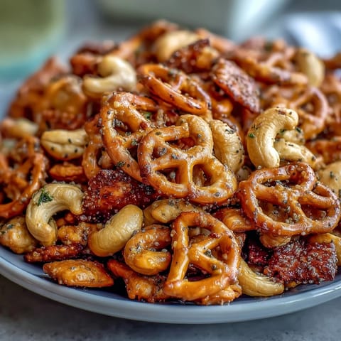 Cheesy pretzel snack mix studded with cashews and rye chips, ready to serve for game day parties.