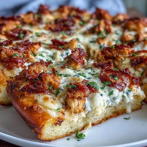 A close-up of Marry Me Chicken Pizza with melted mozzarella and a rustic, golden-brown crust.