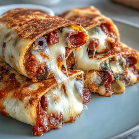 Golden Tortilla Pizza Rolls are stacked on a rustic board, featuring bubbly cheese, red tomato sauce, and crisp pepperoni slices for an easy party snack. 
