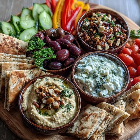 Colorful Mediterranean Brunch Board with Dips and Flatbreads laden with briny olives, crunchy mixed nuts, and fresh herbs, perfect for a shareable weekend brunch.