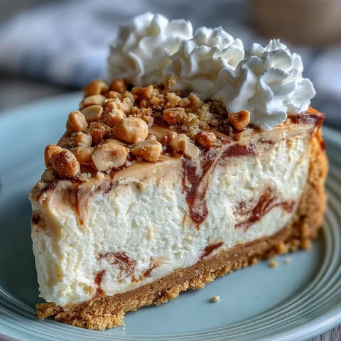 Chilled Nutter Butter Cheesecake slice on a white plate, featuring a rich peanut butter filling and crunchy peanut garnish, perfect for a decadent dessert.