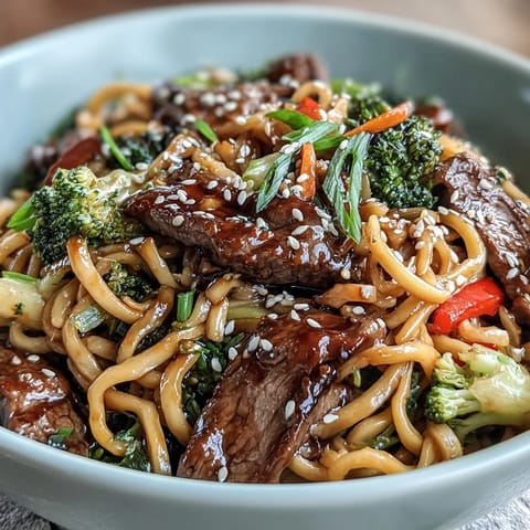 Steam rises from a hot skillet of Korean Beef Noodles, with bell peppers and carrots in a savory soy-brown sugar sauce.