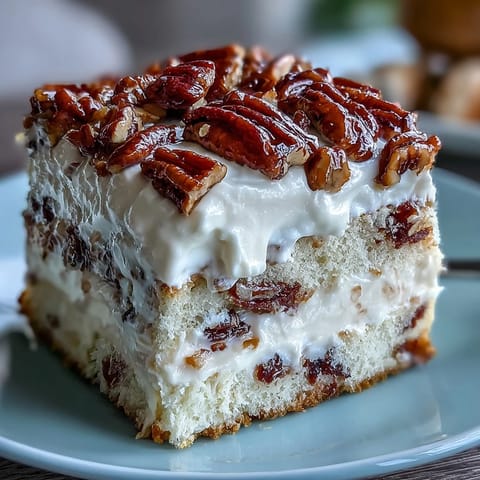 Buttery Brown Sugar Pecan Topping being drizzled over creamy chilled Butter Pecan Tres Leches Cake. 