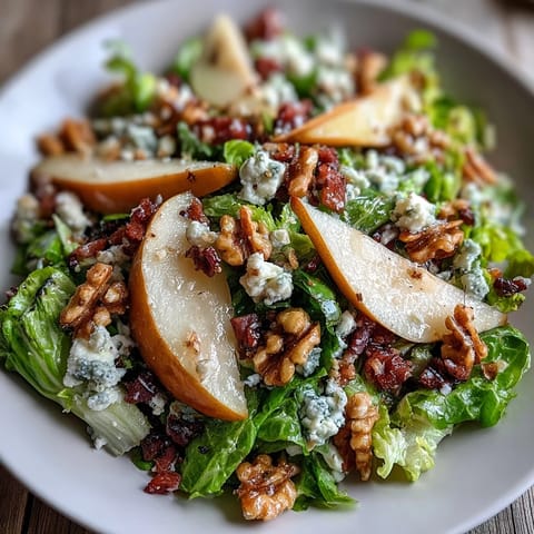 A vibrant frisée pear blue cheese bowl with crisp prosciutto and toasted walnuts, drizzled with a zesty vinaigrette.