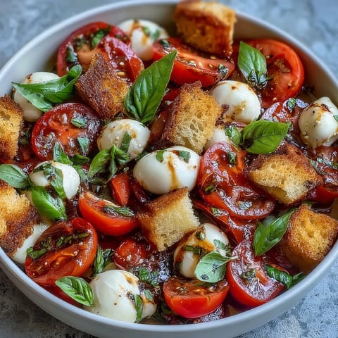 Juicy heirloom tomatoes and creamy mozzarella balls shine in this Caprese Salad Bowl, topped with crisp bread chunks and fragrant basil leaves.