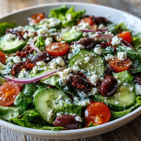 Colorful Mediterranean Green Salad Bowl featuring Kalamata olives and red onion, served as a vibrant side dish at a sunny lunch.