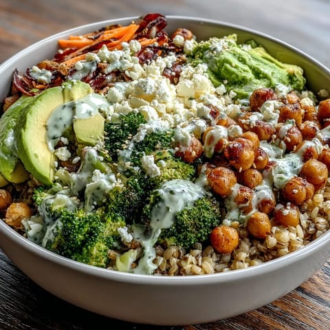 A vibrant Customizable Grain Bowl with roasted sweet potatoes and cherry tomatoes, drizzled with creamy lemon-tahini dressing and fresh herbs.