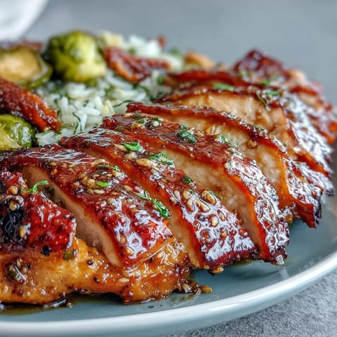 A vibrant bowl of maple Dijon chicken, glazed Brussels sprouts, and pecans topped with fresh parsley.