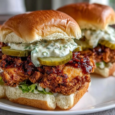 Freshly fried chicken thighs fill fluffy slider buns, topped with tangy dill pickle aioli and bright green pickle slices. This handheld meal looks perfectly juicy and spicy.