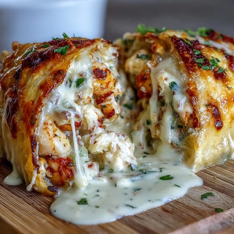 Cheesy Seafood Tortilla Bombs roll from tender flour tortillas with a luscious crab and shrimp filling, bubbling under garlic cream sauce.