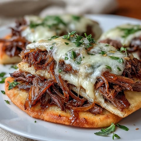 Golden, melted provolone and mozzarella cheeses bubble over tender shredded beef on warm garlic naan, drizzled with rich jus from the slow cooker. Slow Cooker Beef & Garlic Naan Melt.