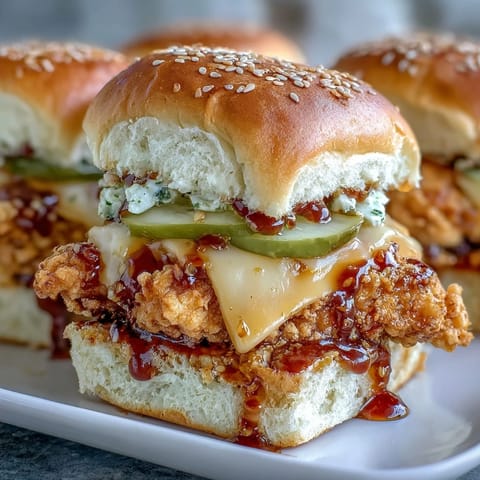 Golden slider buns topped with sesame seeds, revealing melted cheese and saucy spicy chicken for a pull-apart sandwich bake.
