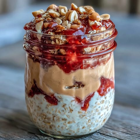 Overnight oats in a jar with peanut butter, vanilla protein, and a strawberry jam swirl, topped with crushed peanuts.