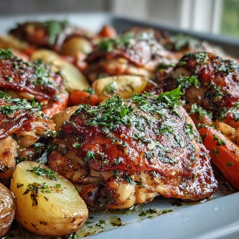 Golden, crispy chicken thighs with ranch-seasoned potatoes and carrots on a sheet pan, garnished with fresh parsley.
