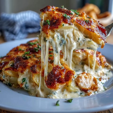Layers of tender chicken and potatoes in a golden, bubbly Creamy Ranch Chicken Potato Bake, garnished with fresh chives on a rustic table.
