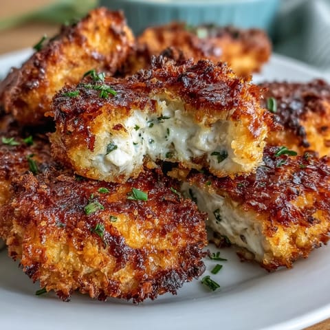 A close-up shows tender, juicy Asiago Panko Chicken Bites with a golden-brown, cheesy crumb coating, arranged on a wooden board ready for serving.